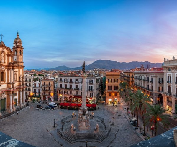 Palermo, Italy Overlooking Piazza San Domenico at dusk.